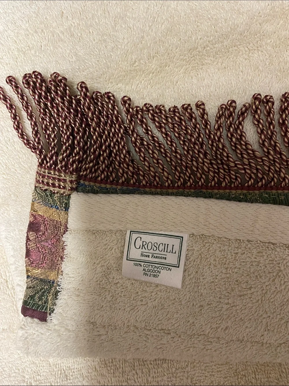 Croscill Cream Hand Towels with Burgundy and Gold Twisted Fringe NWOT